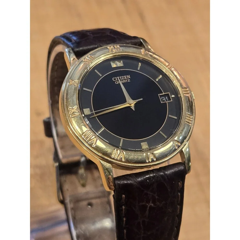 Citizen Men's Watch 33mm Black Dial Gold Tone 5510-K06860 Leather New Battery